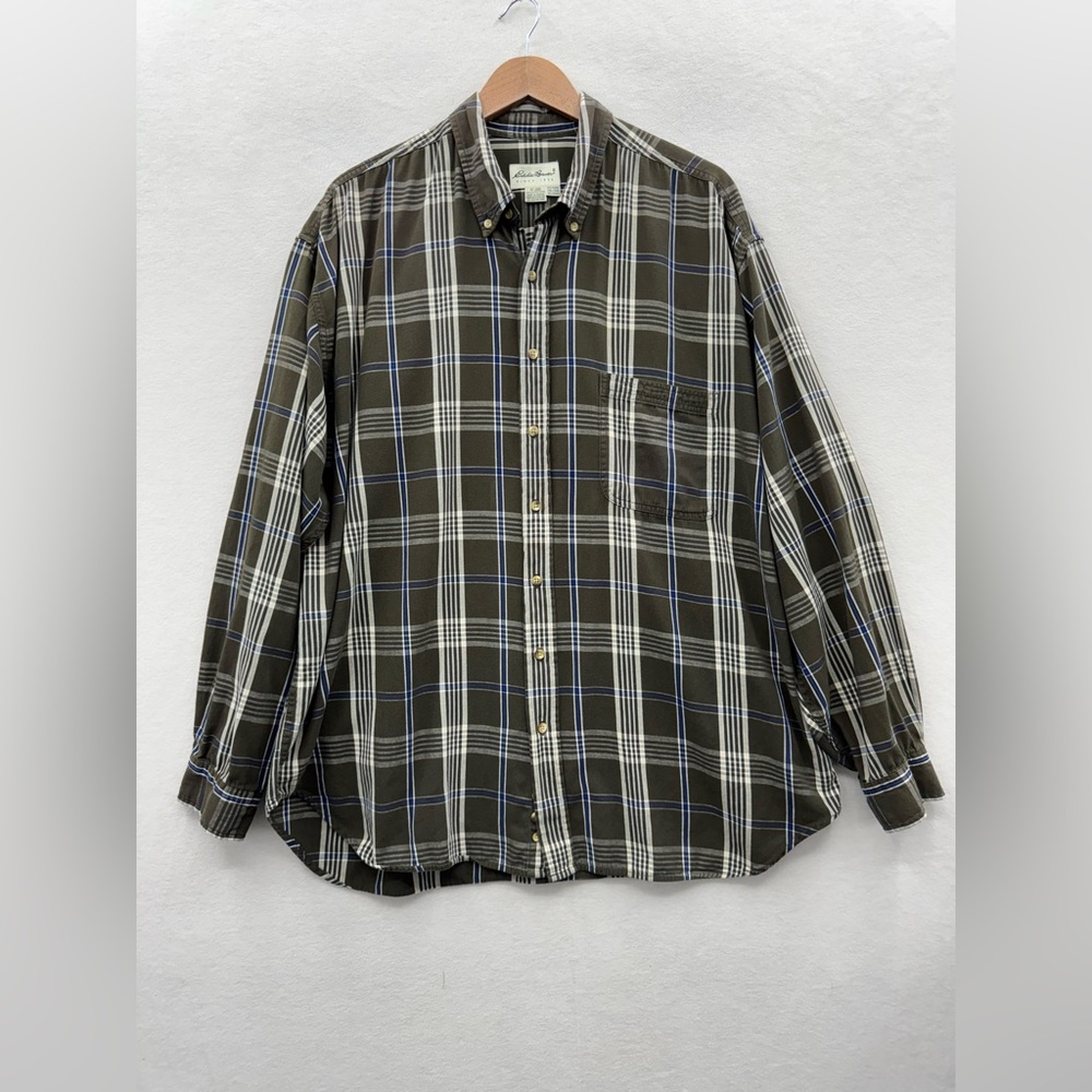 Eddie Bauer Men's XXL Button Down Shirt Regular 100% Cotton Green Plaid